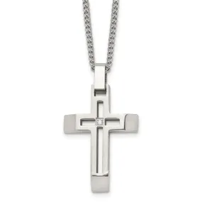 Stainless Steel & CZ Brushed/Polished Beveled Cross Necklace, 22 Inch