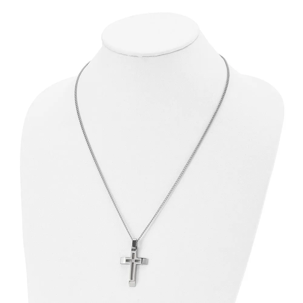 Stainless Steel & CZ Brushed/Polished Beveled Cross Necklace, 22 Inch