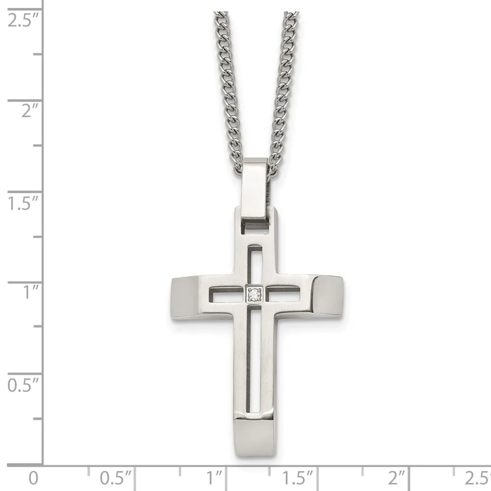 Stainless Steel & CZ Brushed/Polished Beveled Cross Necklace, 22 Inch