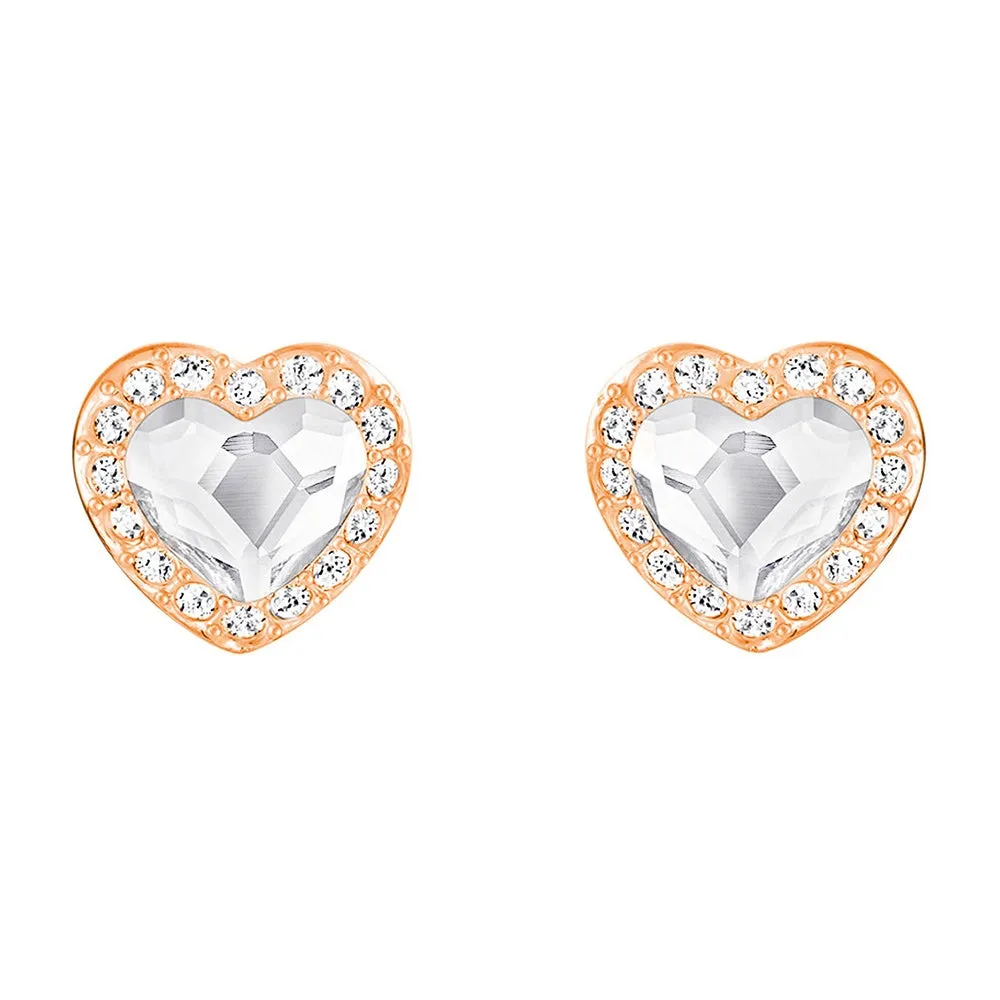 Swarovski Clear Crystal Pierced Studs Heart Earrings ENGAGES, Rose Gold -5285408