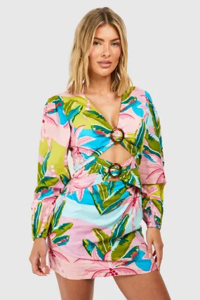 Tropical Linen Look O-Rings Beach Mini Dress