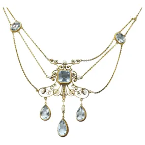 Victorian 10.00 CTW Aquamarine Seed Pearl 14 Karat Gold Swag Necklace