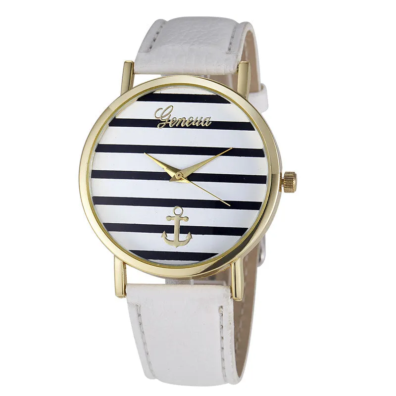 Watch Women Geneva Watches Striped Anchor Print Simple Analog quartzwatch Leather Band Hour Mujer Top