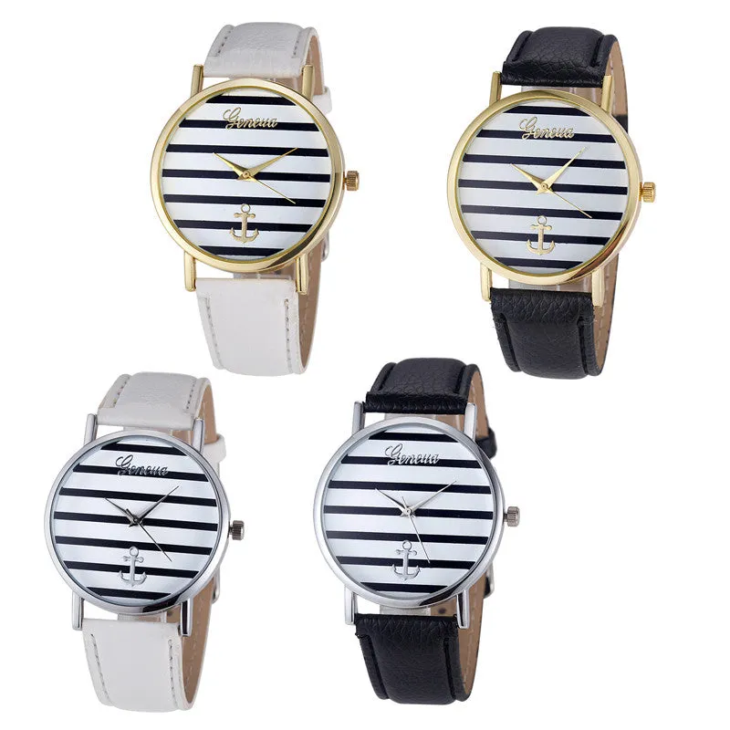 Watch Women Geneva Watches Striped Anchor Print Simple Analog quartzwatch Leather Band Hour Mujer Top