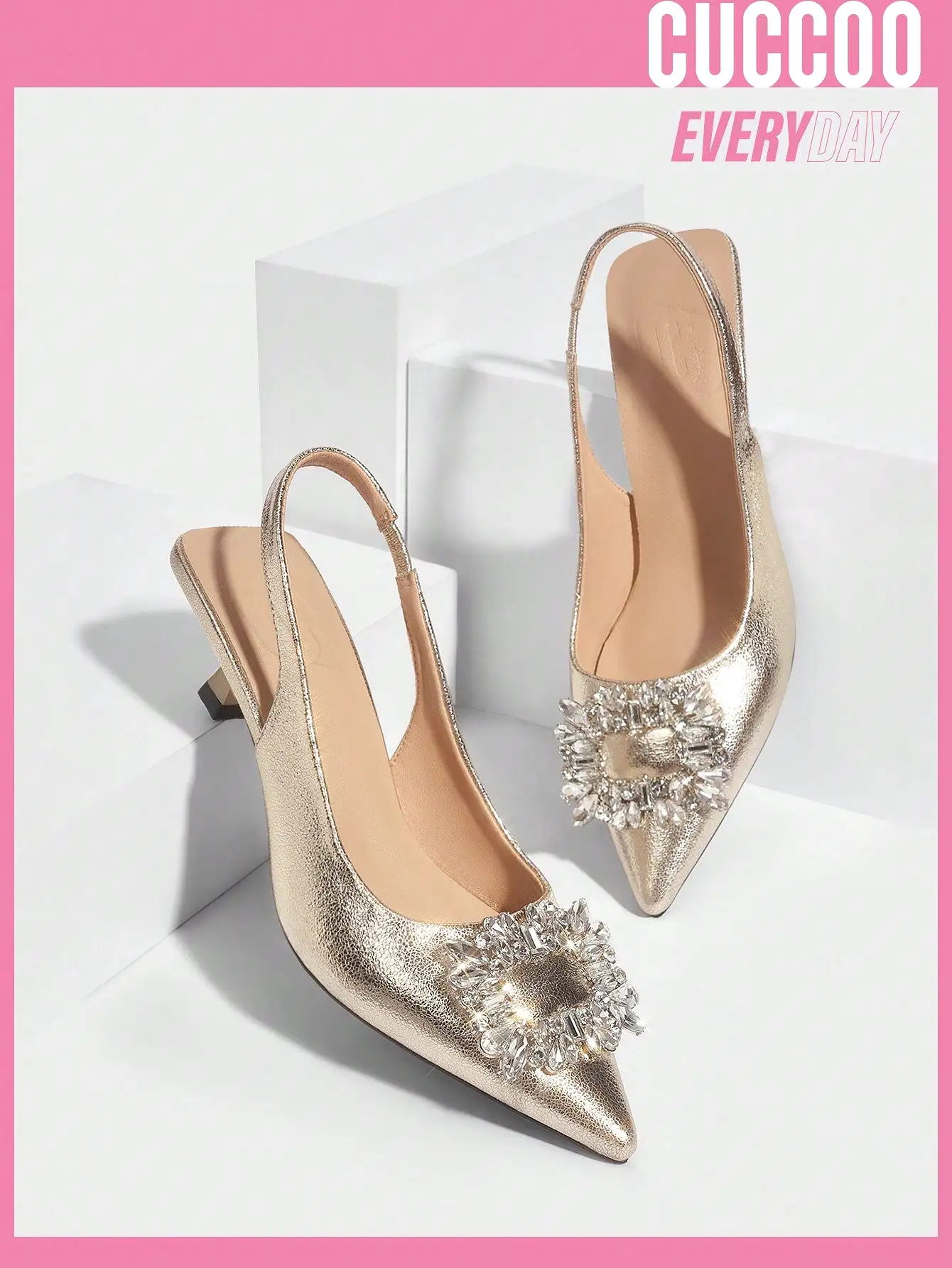 Woman Shoes Fashion High Heel Sandals With Rhinestone Square Buckle, Backless, Slip-On, Gold Pointed Toe Wedding Shoes For Sprin