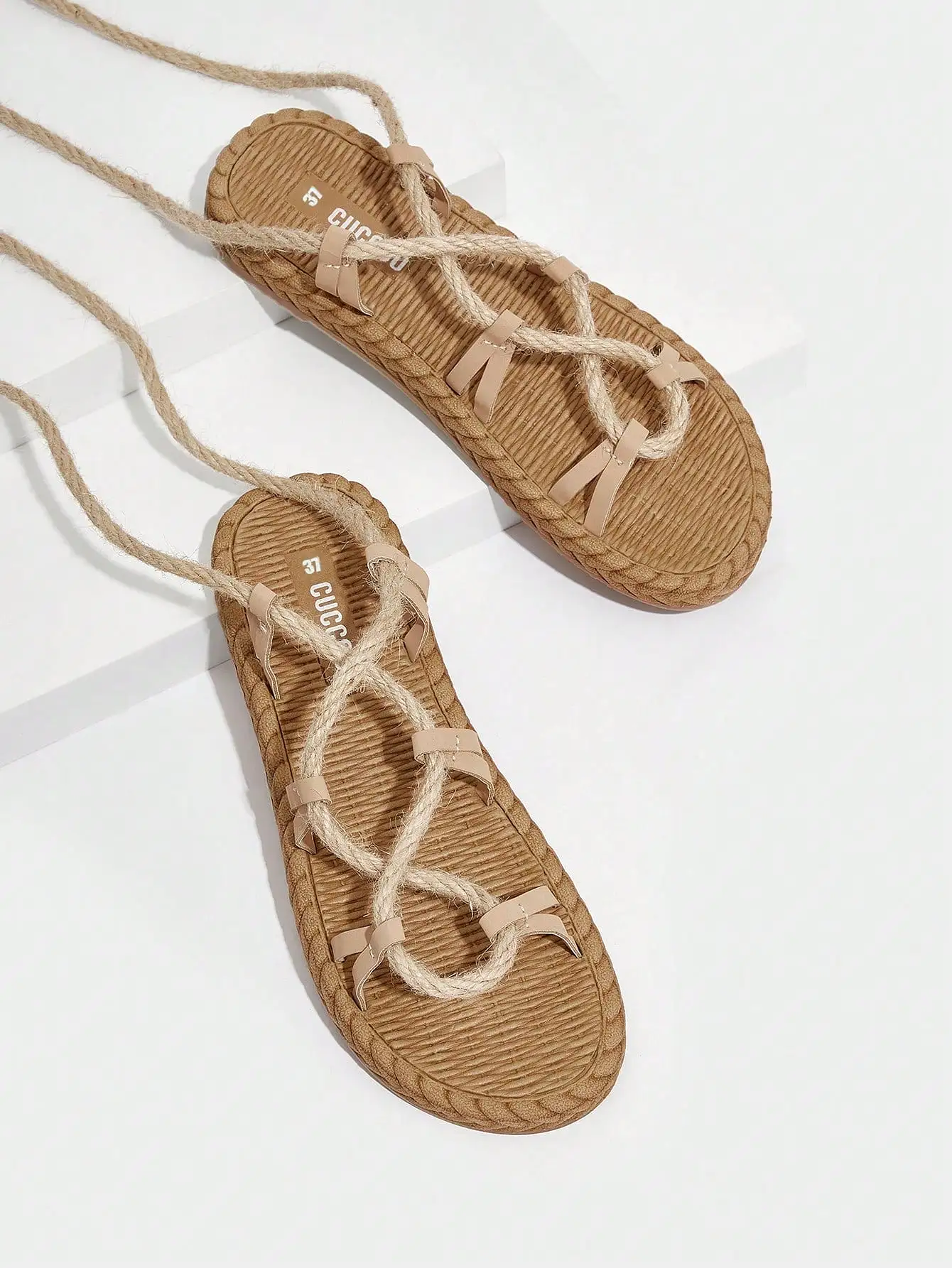 Woman Shoes Tie Leg Design Strappy Sandals, Linen Vacation Sandals For Spring And Summer