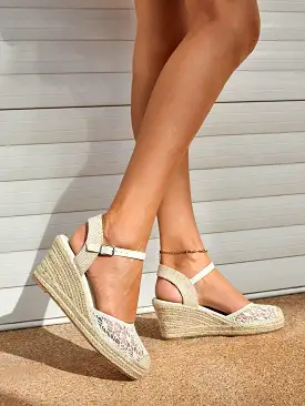 Women Ankle Strap Court Wedges, Vacation Crochet Wedge Shoes