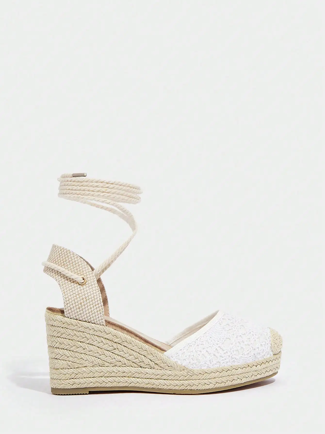 Women Braided Design Ankle Strap Court Wedges, Vacation White Shoes