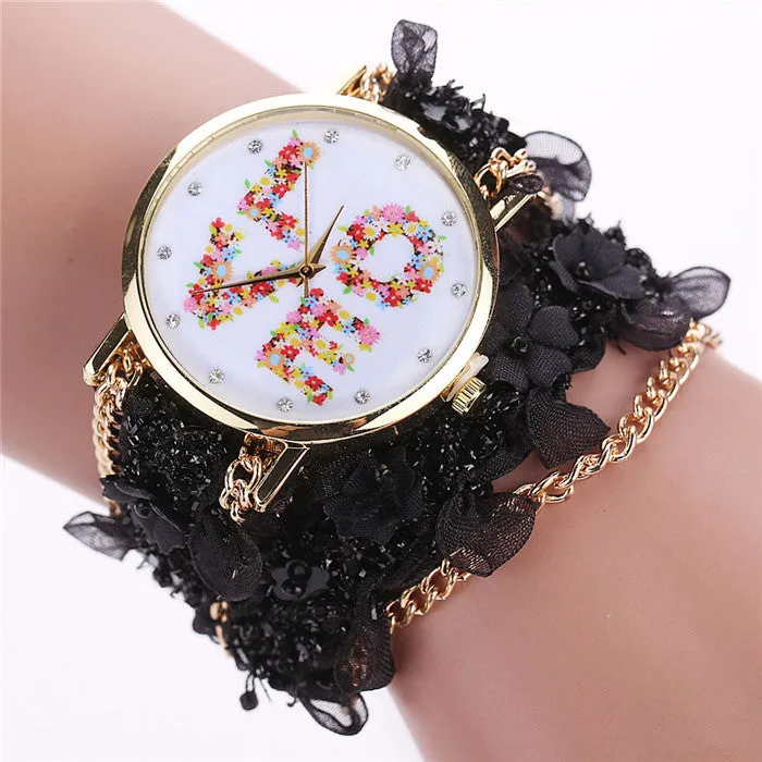 Women Watches Bracelet Lace Wrap Around Bracelet Crystal Synthetic Chain Quartz Wrist Watch Ladies Dress Watch Montre